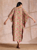 Thumbnail for trueBrowns Beige Overall Big Floral Block Print Cotton Kaftan Dress - Distacart