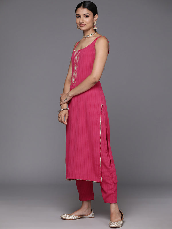Varanga Women Pink Round Neck, Spaghetti Strap Style Straight Kurta Paired With Tonal Bottom And Dupatta - Distacart