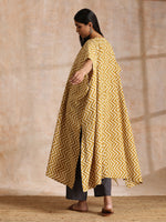 Thumbnail for trueBrowns Mustard Dabu Zig-Zag Lines Print Cotton Panel Kaftan Kurta Pant Set - Distacart