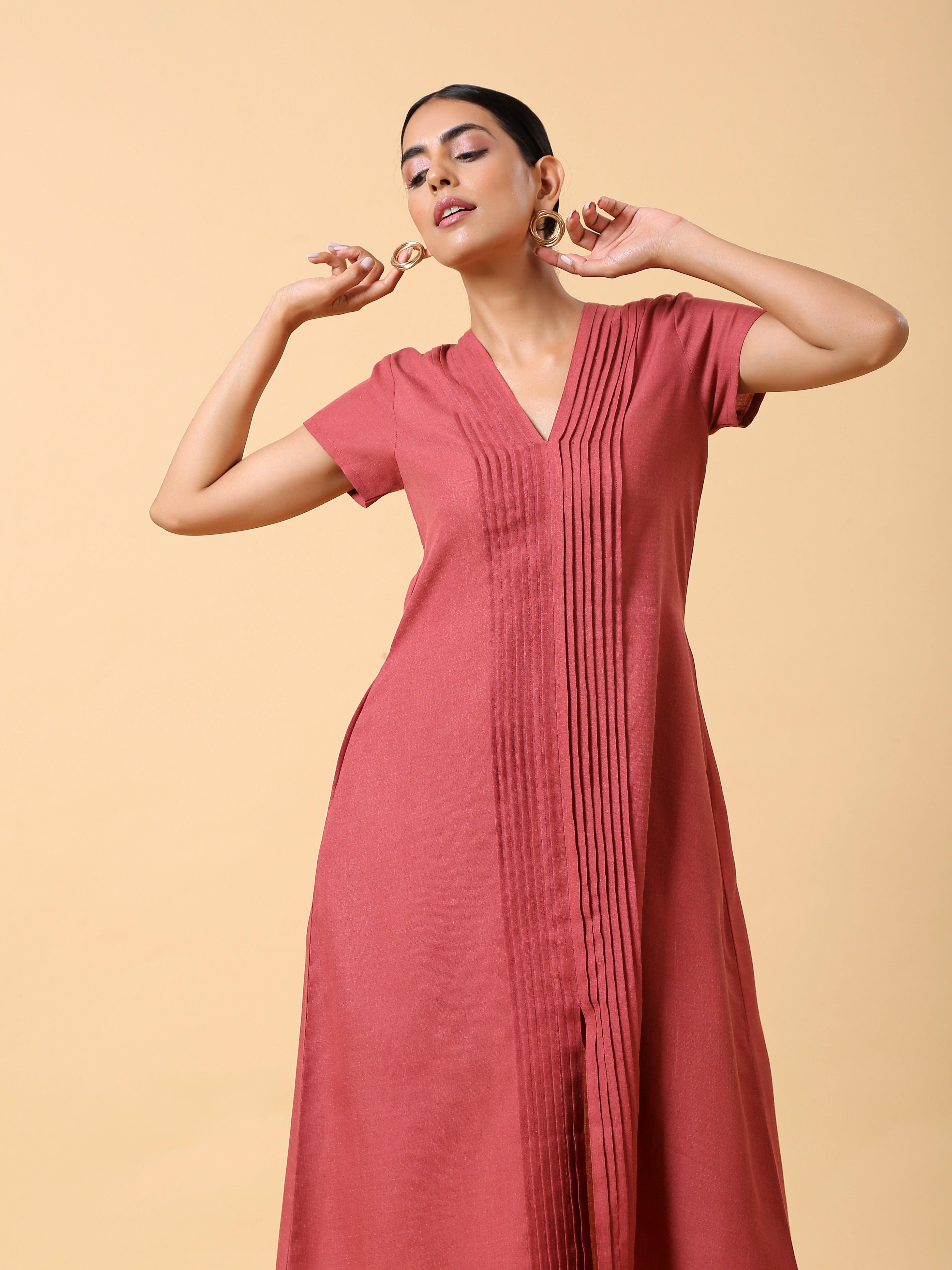 trueBrowns Cotton Linen Rust Red Pleated Dress - Distacart