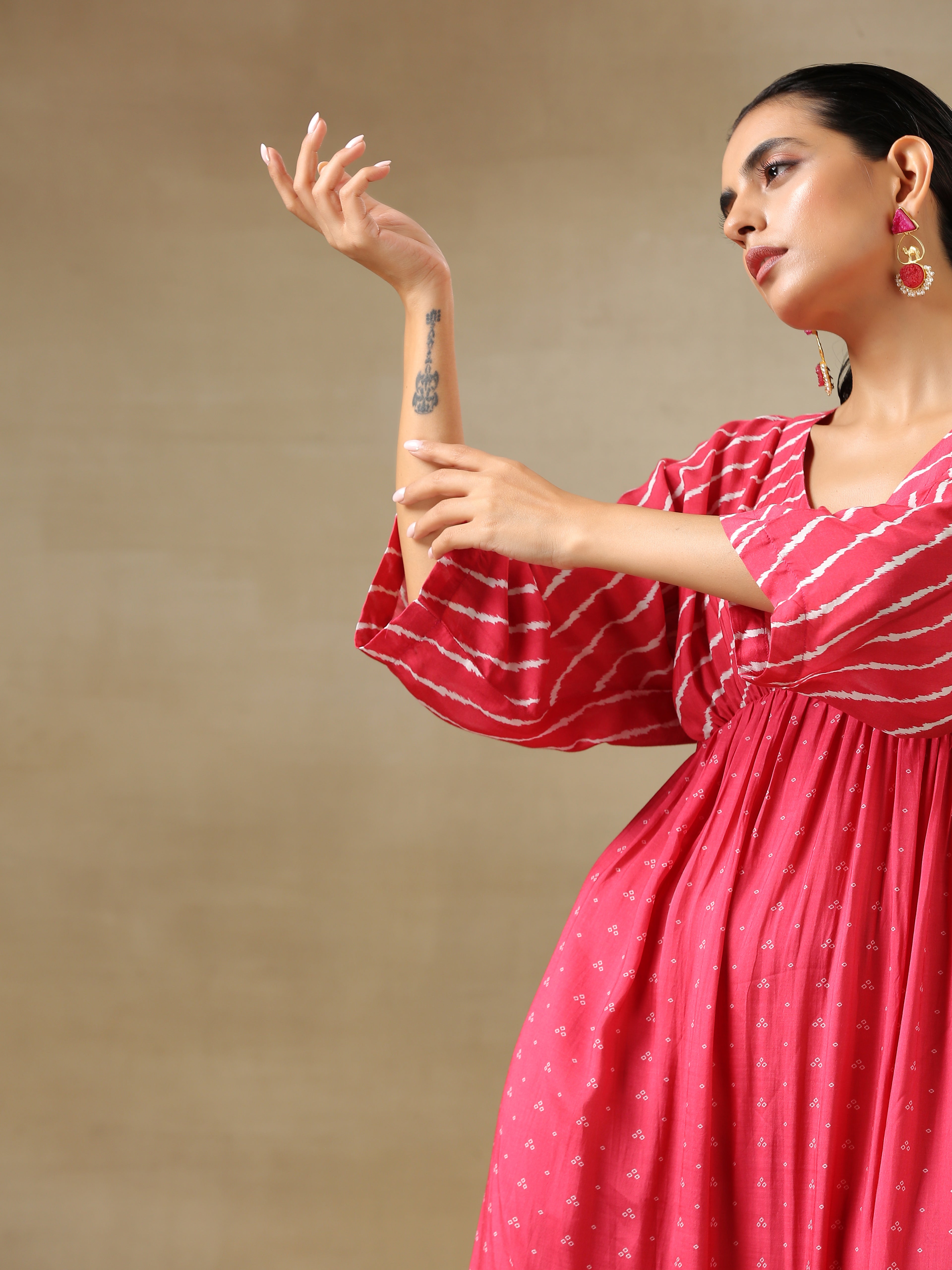 trueBrowns Pink Bandhani Printed Silk Drop Shoulder Dress - Distacart