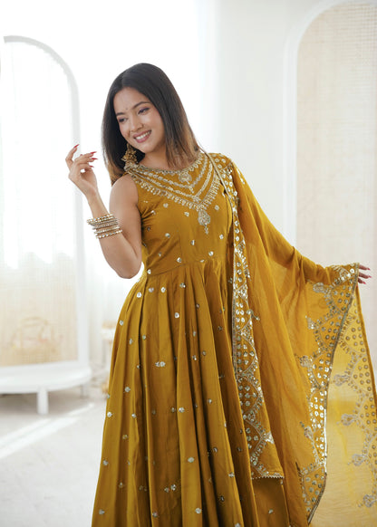 Anaita Mustard Silk Readymade Anarkali Suit with Embroidery & Sequence Work - Dista
