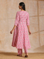 Thumbnail for trueBrowns Pink Overall Floral Block Print Cotton Flared Kurta Pant Set - Distacart
