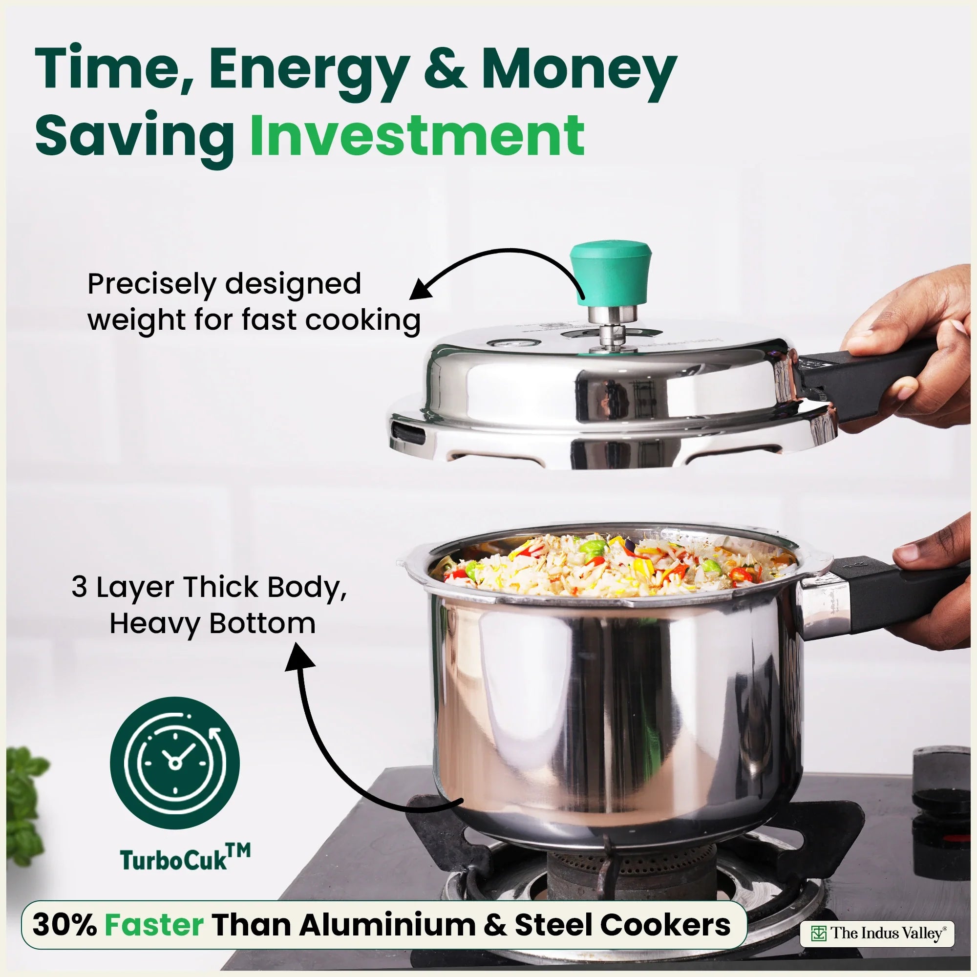 The Indus Valley RapidCuk Tri-ply Stainless Steel Pressure Cooker, Premium Quality, 3 Layer Thick Body, Heavy Bottom, 100% Safe, ISI Certified, Induction & Gas, 2/3/5L