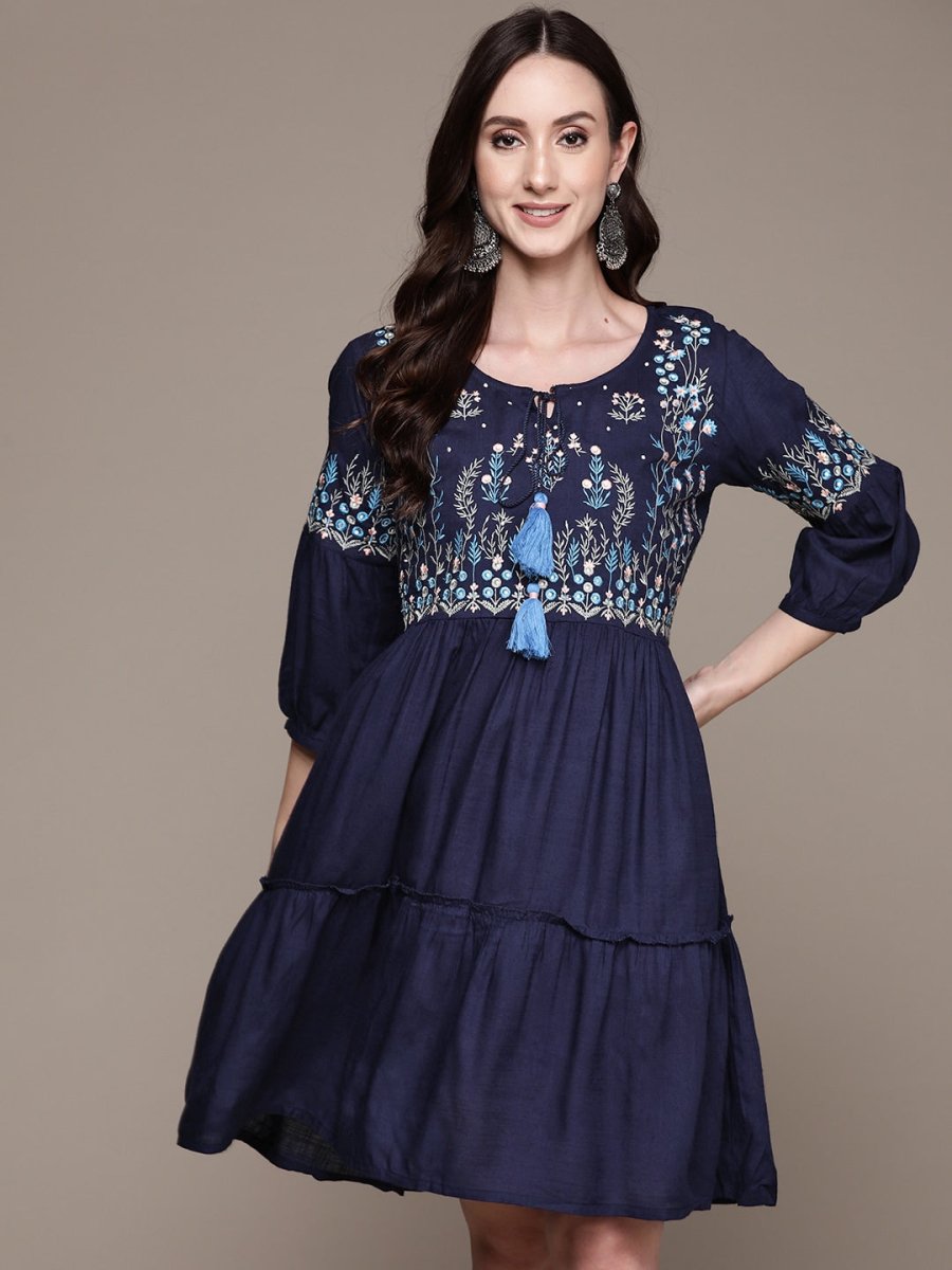Anubhutee Navy Blue Floral Embroidered Tassel Detail A-Line Dress - Distacart