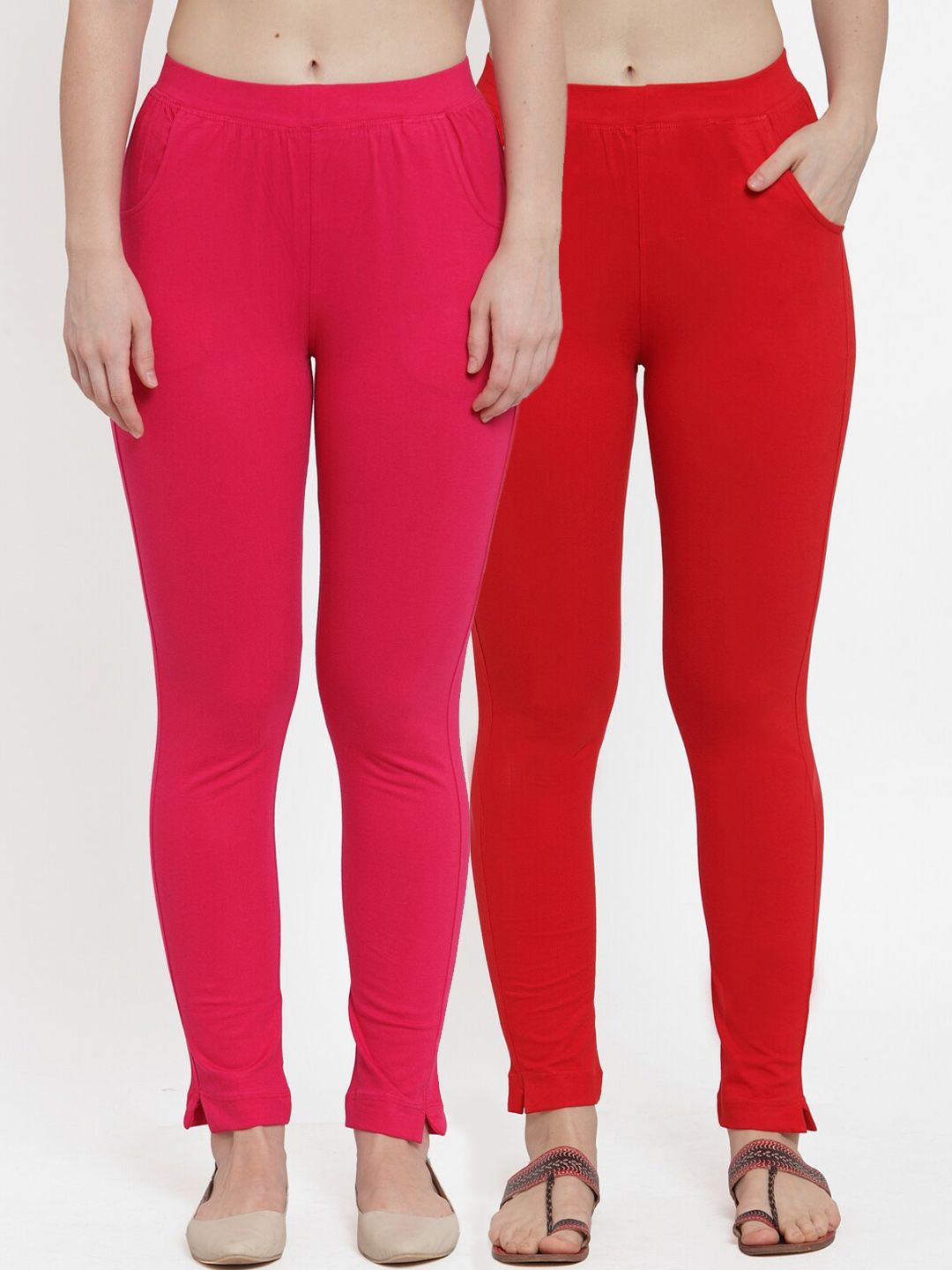TAG 7 Women Pack Of 2 Red & Pink Solid Straight-Fit Ankle-Length Leggings - Distacart