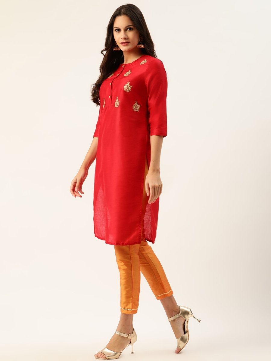All About You Women Red & Orange Embroidered Yoke Design Kurta set with Dupatta - Distacart