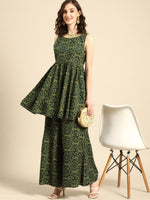 Thumbnail for All About You Women Green Bandhani Printed Gathered Sequinned Kurti with Palazzos - Distacart