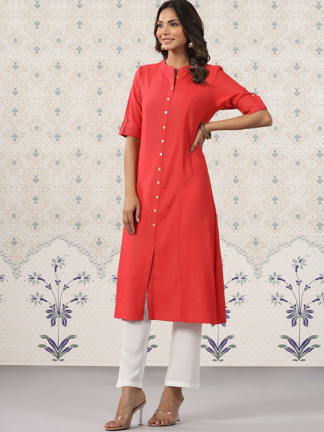Ode by House of Pataudi Striped Mandarin Collar Roll Up Sleeves Kurta with Palazzos - Distacart