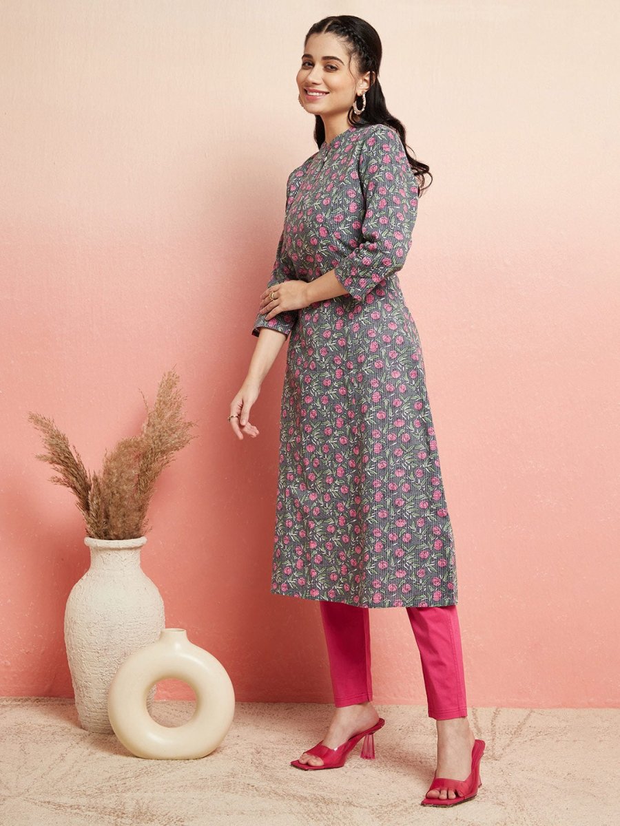 Aks Floral Printed Mandarin Collar Cotton Anarkali Kurta - Distacart