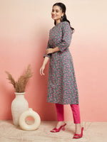 Thumbnail for Aks Floral Printed Mandarin Collar Cotton Anarkali Kurta - Distacart