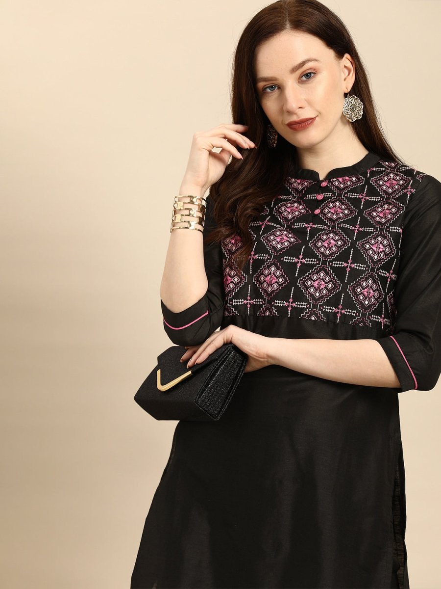 All About You Women Black Embroidered Kurta with Trousers - Distacart
