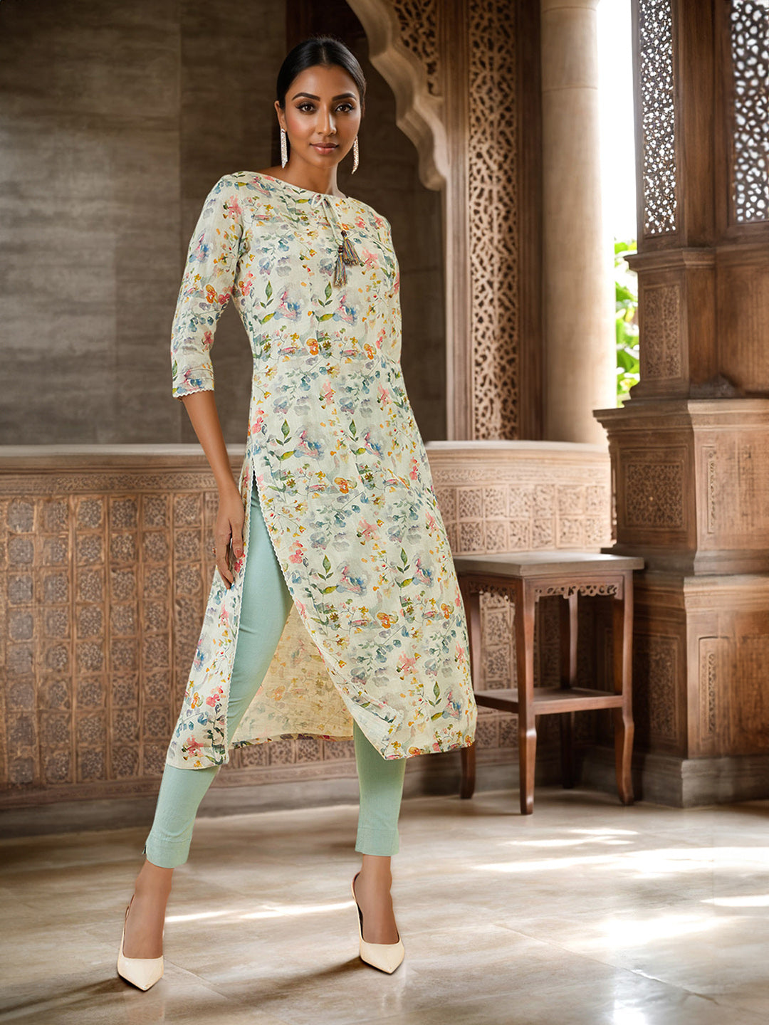 Soch Floral Printed Linen Straight Kurta - Distacart