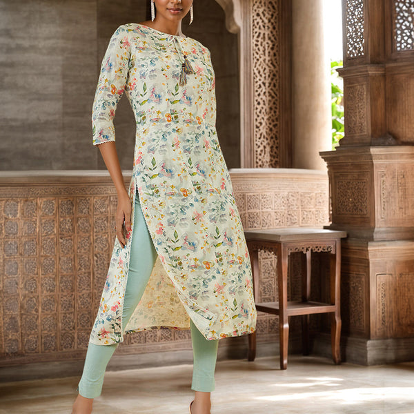 Soch Floral Printed Linen Straight Kurta - Distacart
