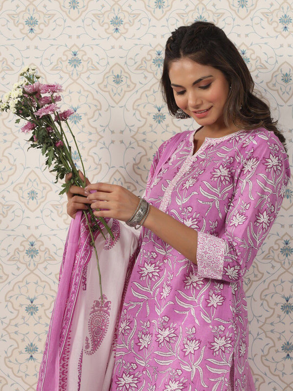 Ode by House of Pataudi Printed Notched Neck Pure Cotton Kurta With Trousers & Dupatta - Distacart