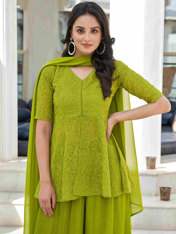 Kalini Floral Embroidered Regular Kurti with Palazzos & With Dupatta - Distacart