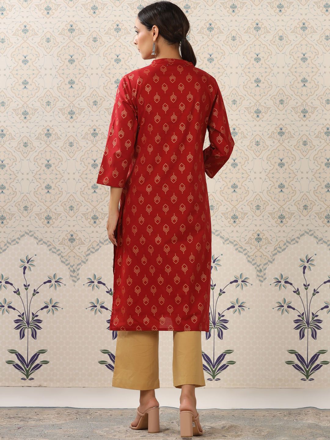 Ode by House of Pataudi Maroon & Beige Printed Pure Cotton Kurta With Palazzos - Distacart
