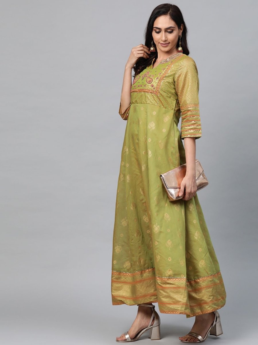 AURELIA Women Green & Golden Printed Maxi Dress - Distacart