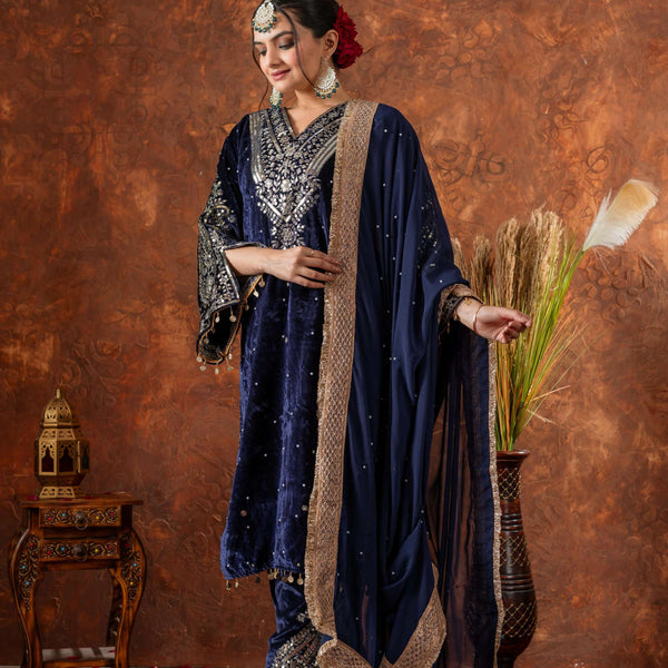 Joban Fashion deep navy blue Velvet Embroidery Kurta Set - Distacart
