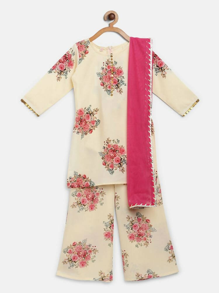 Ahalyaa Beige Crepe Floral Printed Kids Kurta Palazzo Set With Dupatta For Girls - Distacart