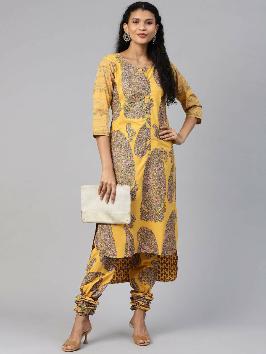 Ahalyaa Women Mustard Crepe Printed Kurta Churidar Set - Distacart