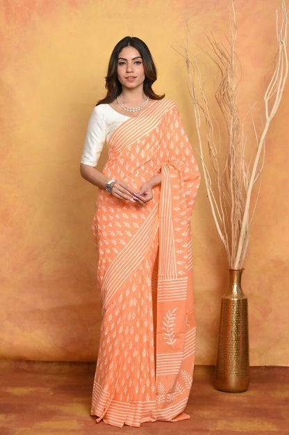 Very Much Indian Handblock Printed Cotton Saree With Natural Dyes - Light Peach - Distacart