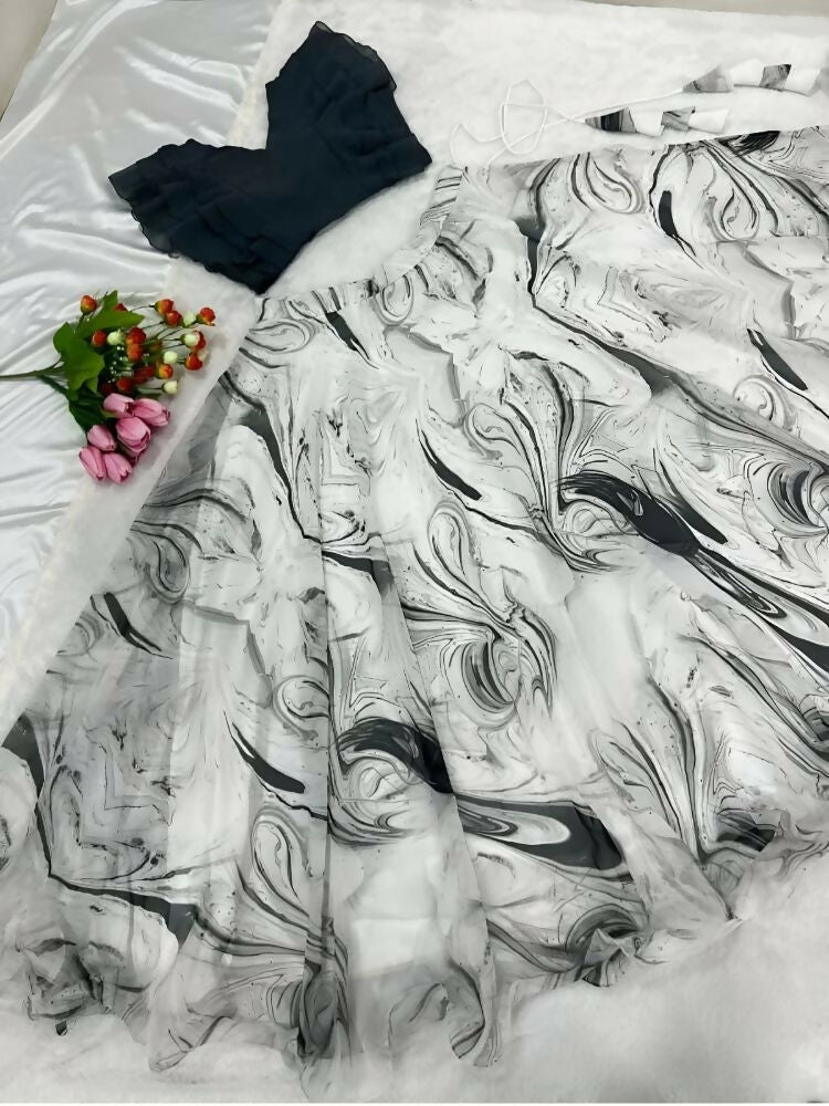 Dishitha Creation Printed Stitched Lehenga & Crop Top - Black & White - Distacart