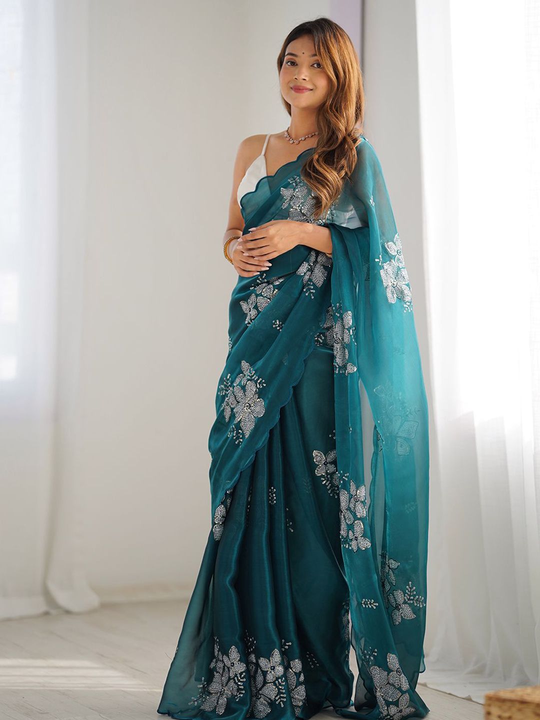 Mitera Floral Embroidered Silk Blend Saree - Distacart