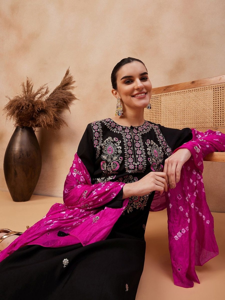 Anouk Floral Embroidered Regular Thread Work Pure Silk Kurta with Palazzos & Dupatta - Distacart