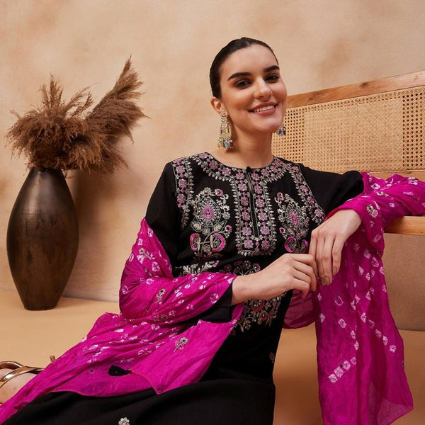 Anouk Floral Embroidered Regular Thread Work Pure Silk Kurta with Palazzos & Dupatta - Distacart