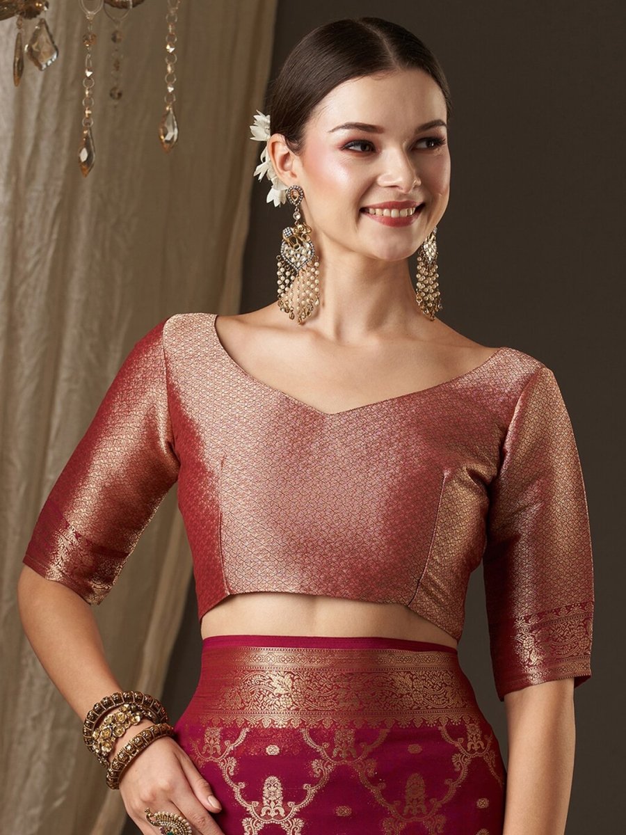 Anouk Burgundy & Gold-Toned Woven Design Zari Pure Georgette Kanjeevaram Saree - Distacart
