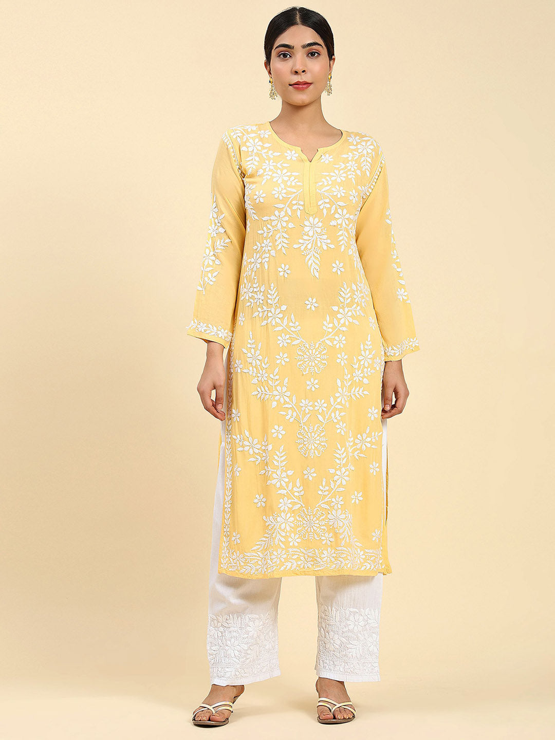 HOUSE OF KARI Ethnic Motifs Embroidered Chikankari Straight Kurta - Distacart