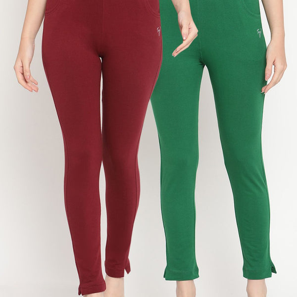 TAG 7 Women Set of 2 Maroon & Green Ankle Length Leggings - Distacart
