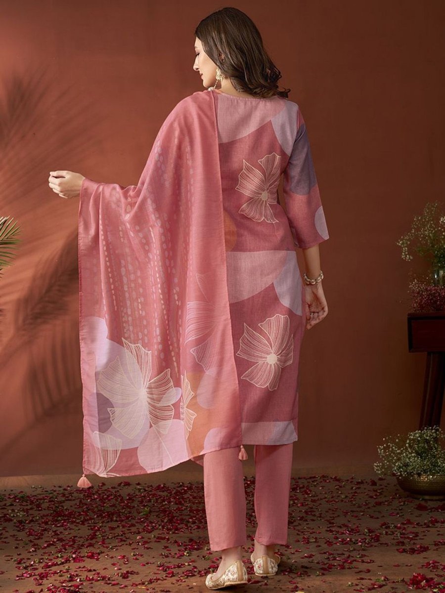 Anouk Mauve Ethnic Motifs Embroidered Beads & Stones Linen Kurta with Trousers & Dupatta