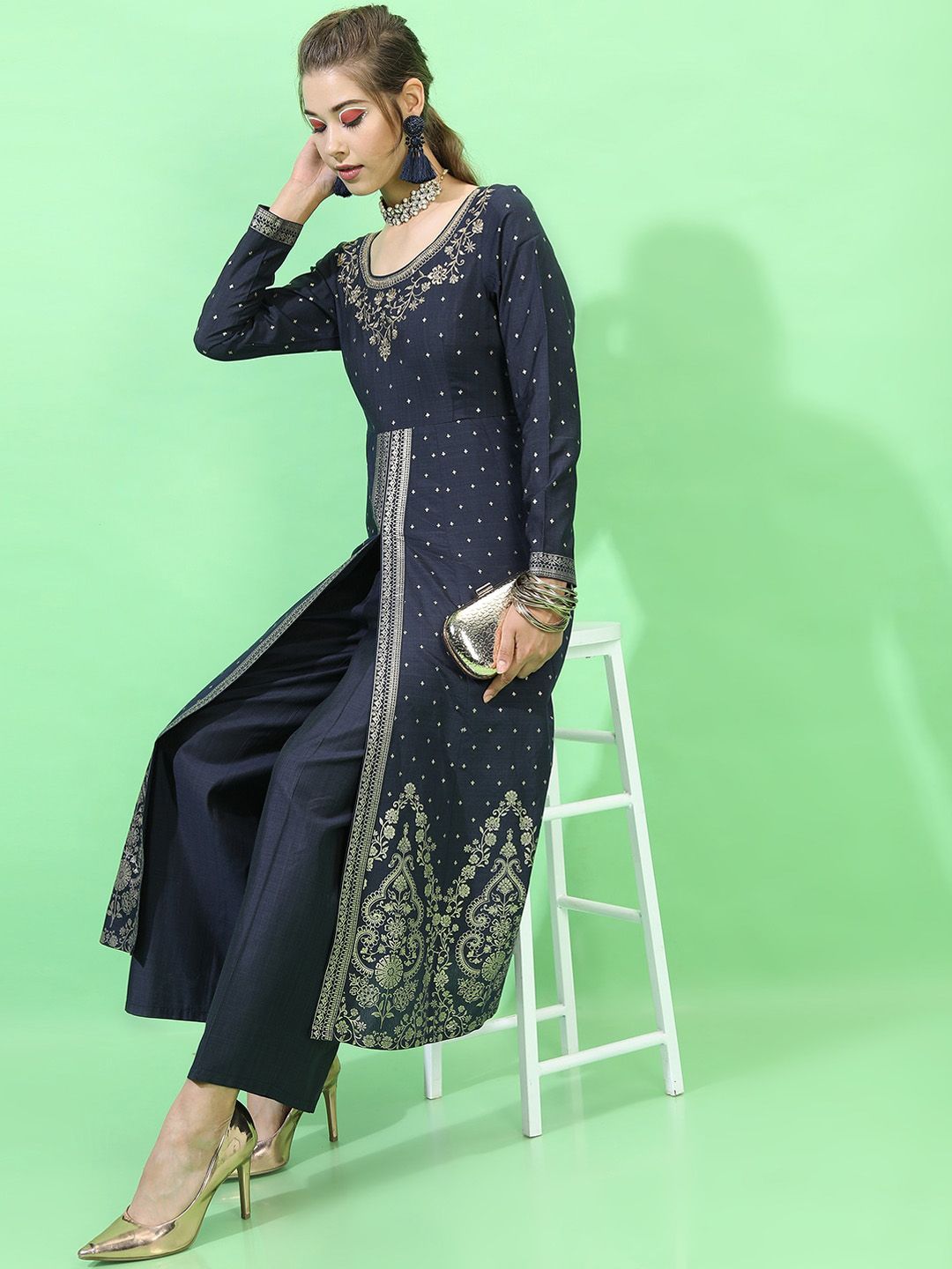 Vishudh Women Navy Blue Floral Embroidered Empire Kurta with Palazzos