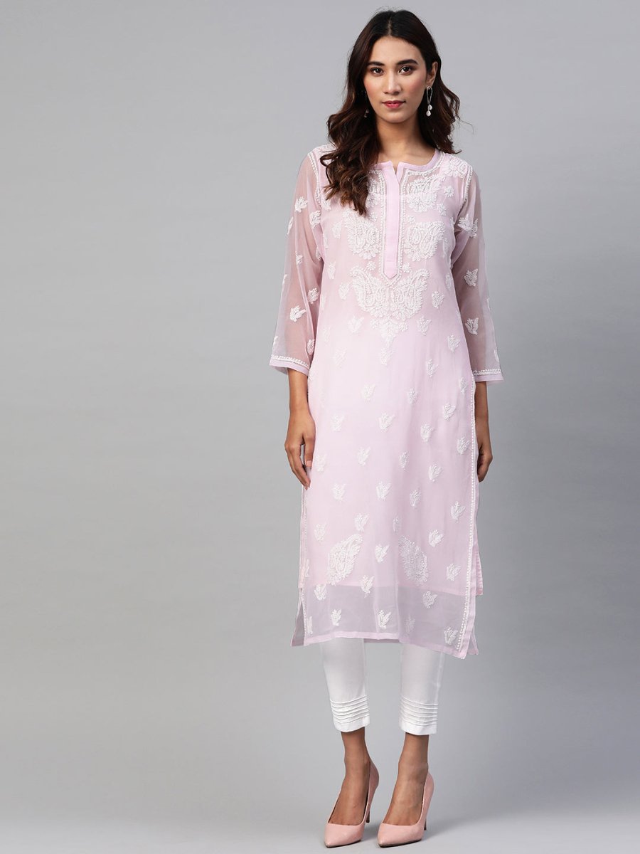 ADA Women Pink & White Chikankari Embroidered Handloom Kurta with Trousers - Distacart