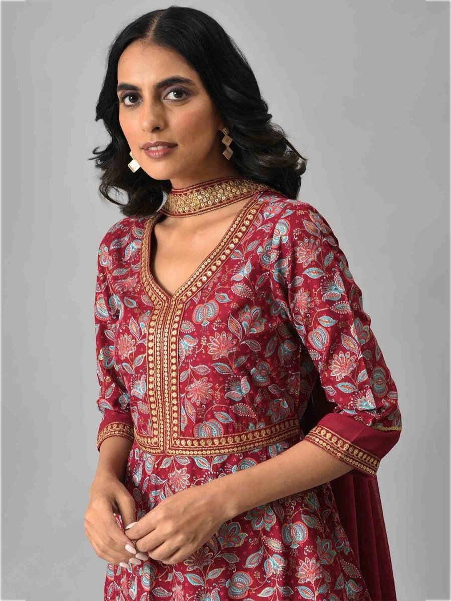 AURELIA Maroon & Gold-Toned Zari Embroidered Floral Printed Choker Maxi Dress - Distacart