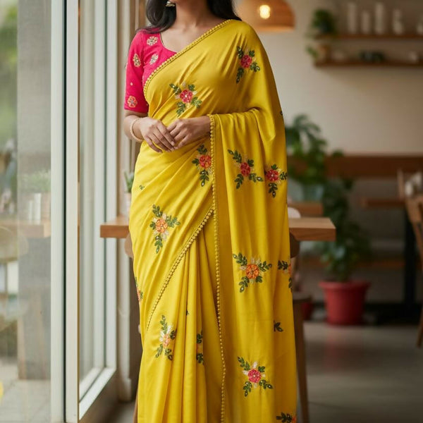 Teeya Creation Yellow Rangoli Silk Embroidery Work Party Wear Designer Saree - Distacart