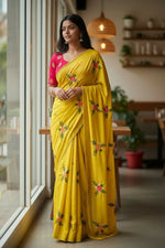 Thumbnail for Teeya Creation Yellow Rangoli Silk Embroidery Work Party Wear Designer Saree - Distacart