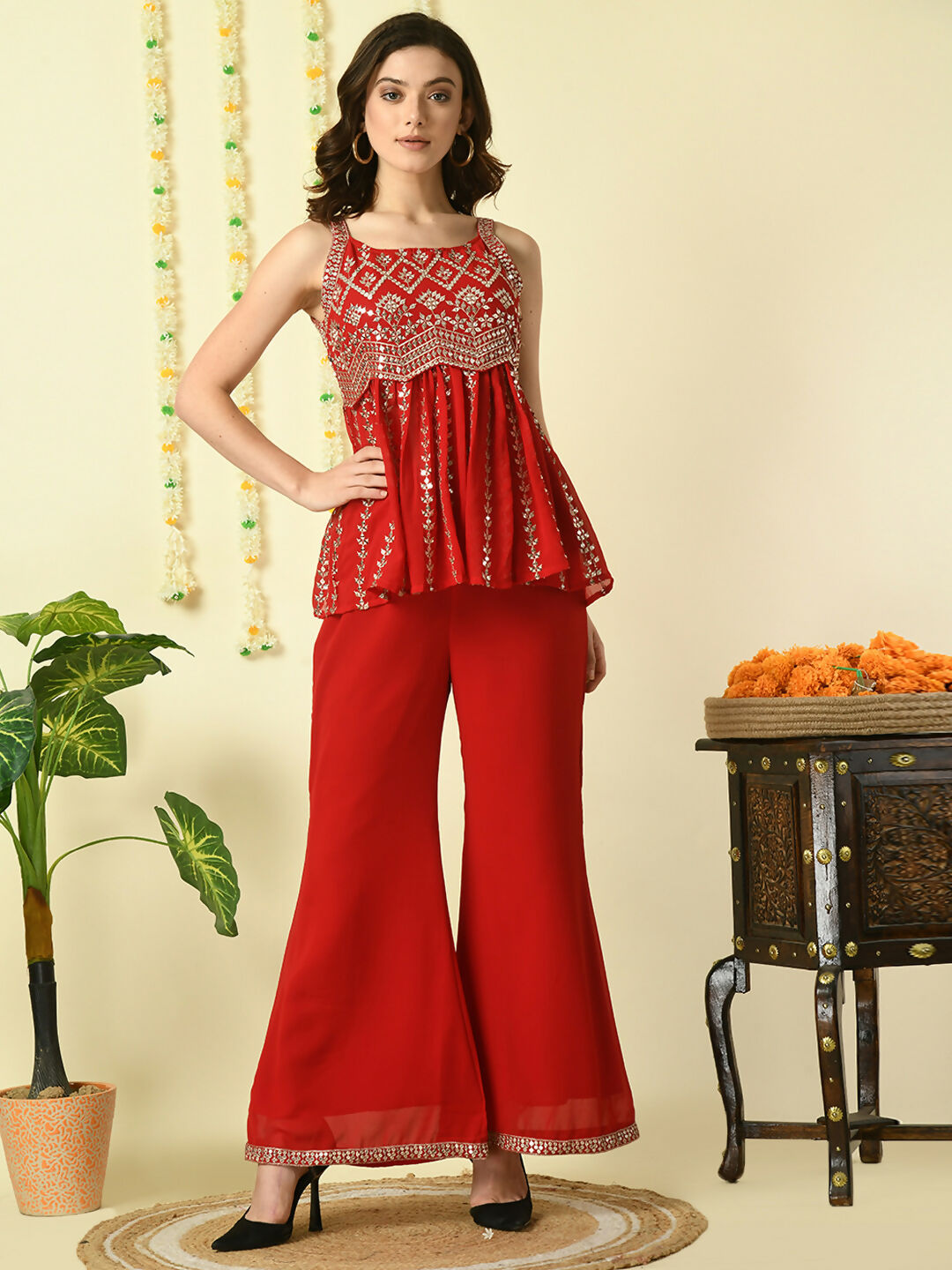 Myshka Women's Red Georgette Top With Palazzos Party Sets - Distacart