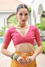Thumbnail for Vishnu Weaves Women's Yellow Muga Cotton Thread Weaving Saree with Blouse