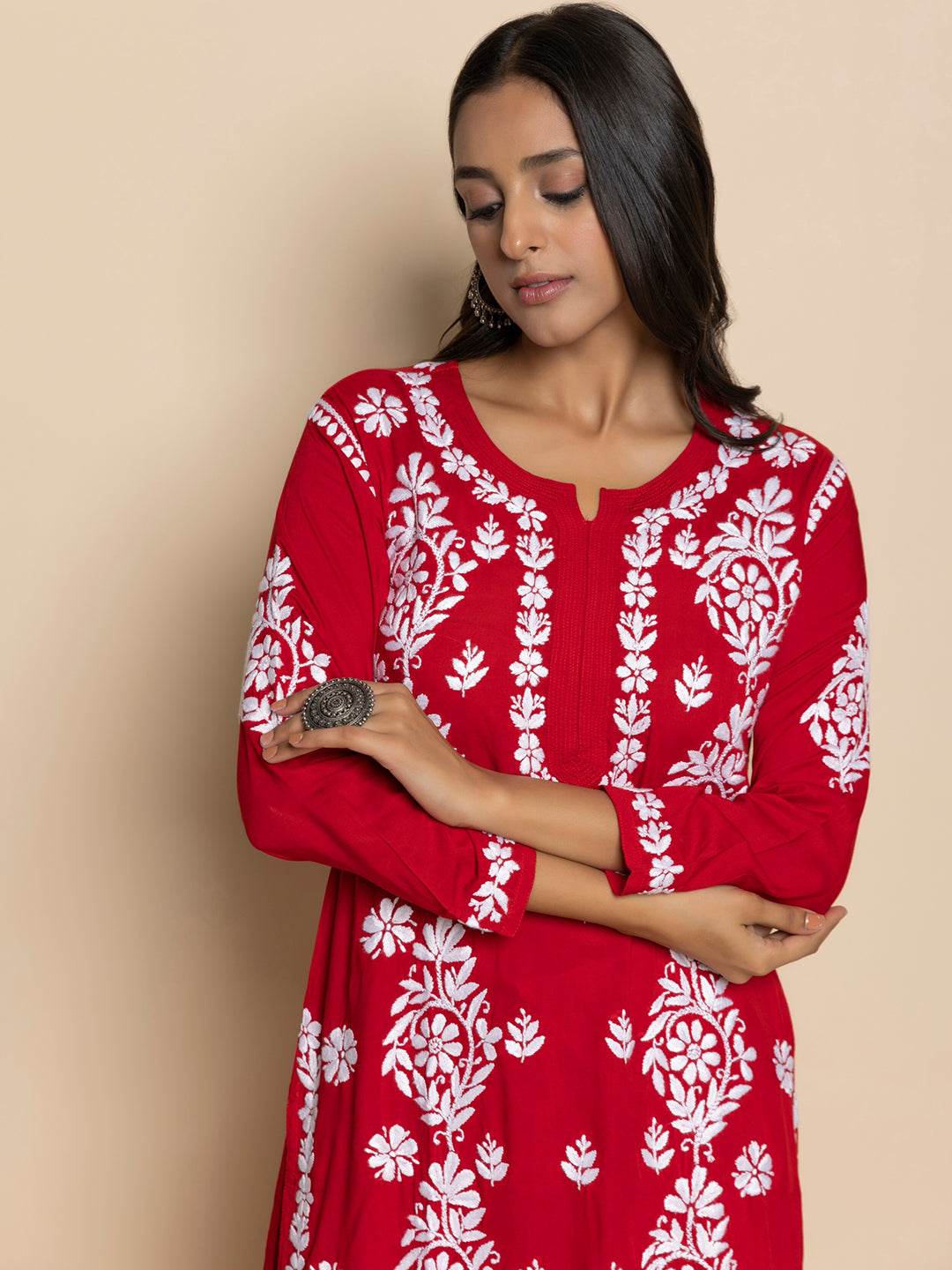 HOUSE OF KARI Floral Embroidered Chikankari Cotton A-Line Kurta - Distacart