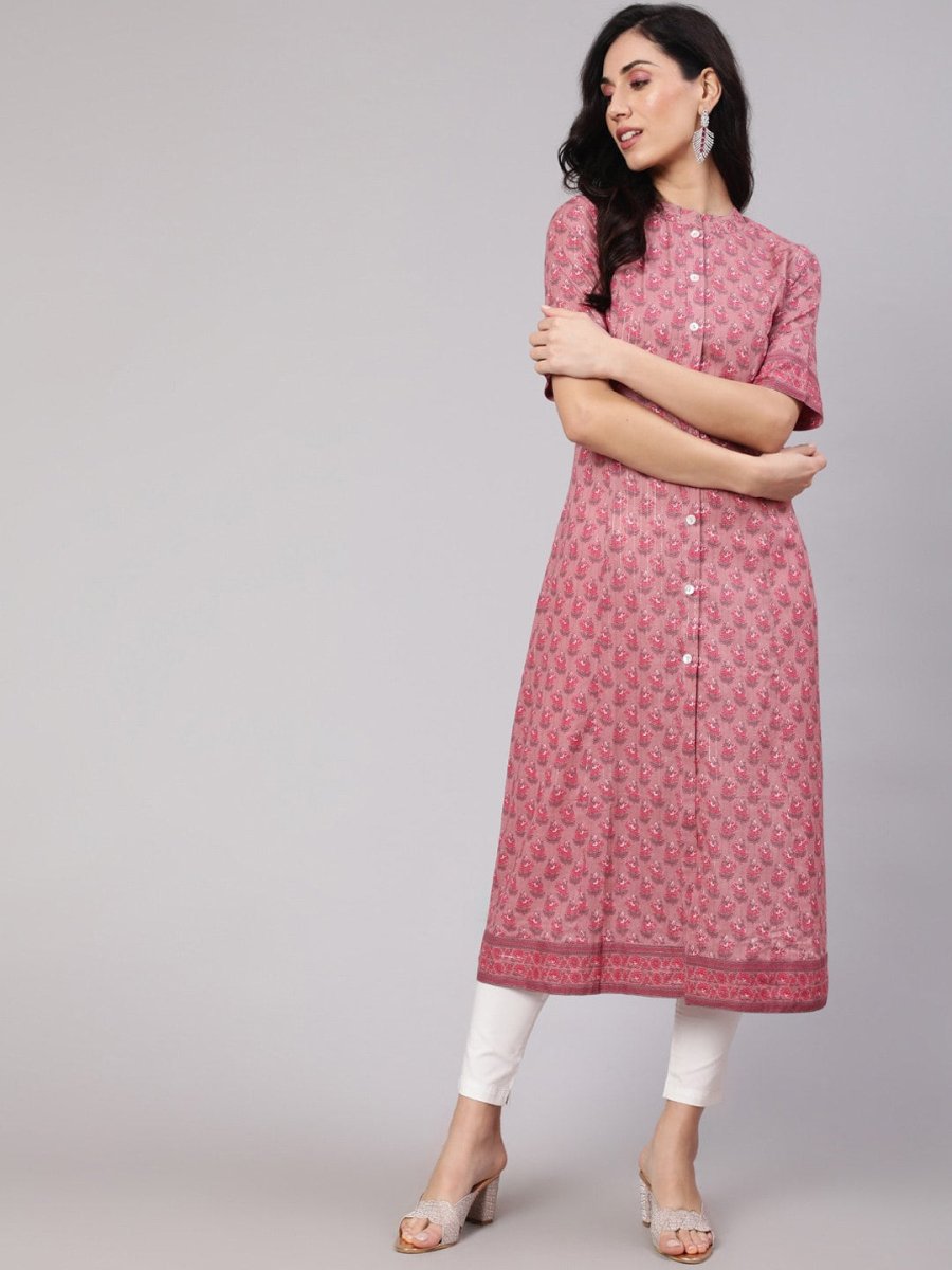 Aks Floral Printed Mandarin Collar A-line Kurta - Distacart