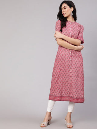 Aks Floral Printed Mandarin Collar A-line Kurta - Distacart