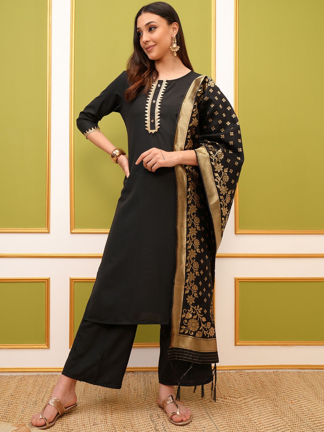 Vishudh Black Round Neck Floral Regular Straight Kurta with Palazzos & With Dupatta - Distacart