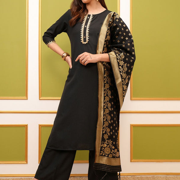 Vishudh Black Round Neck Floral Regular Straight Kurta with Palazzos & With Dupatta - Distacart