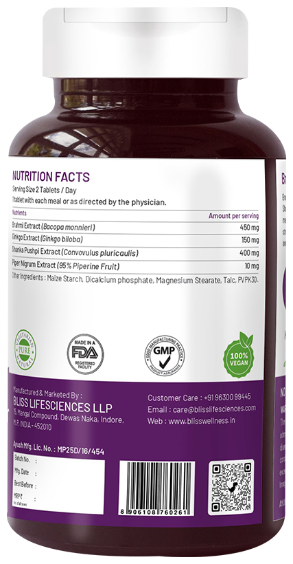 bliss welness brain health brahmi shankapushpi ginkgo biloba veg tablet