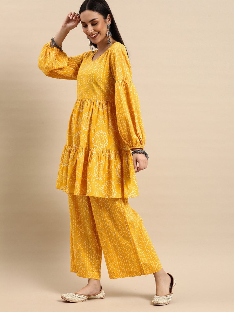 Anouk Women Yellow Bandhani Printed Pure Cotton Kurta with Palazzos - Distacart