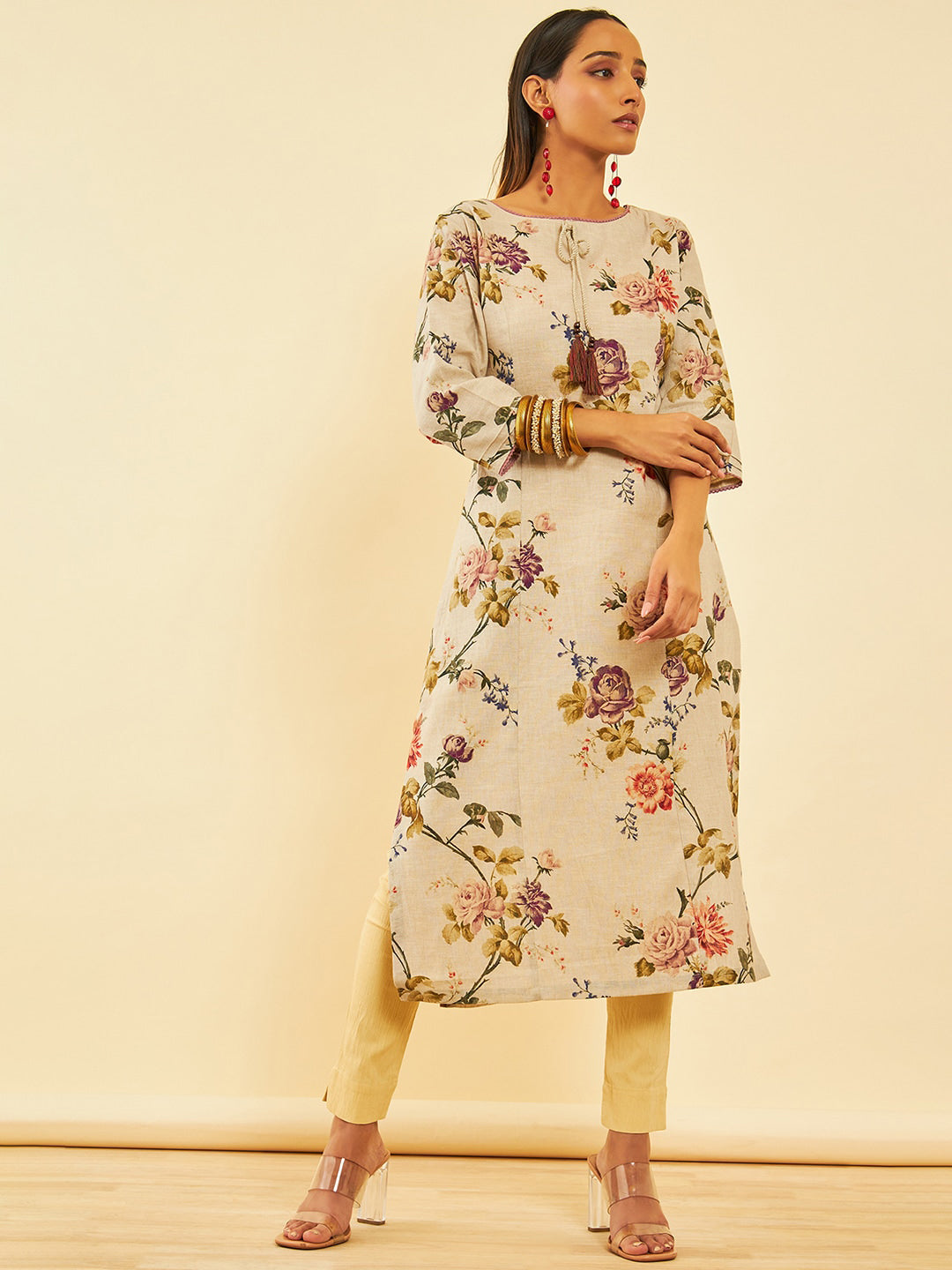 Soch Floral Printed Tie-Up Neck Linen Straight Kurta - Distacart