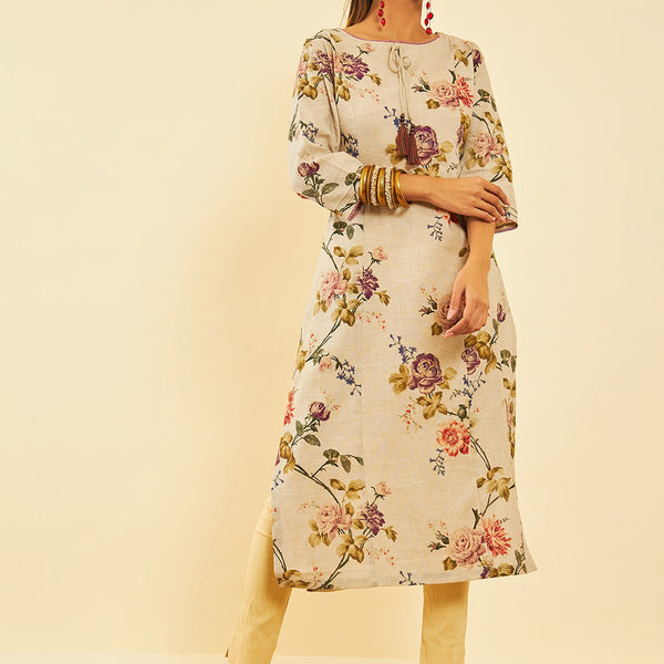 Soch Floral Printed Tie-Up Neck Linen Straight Kurta - Distacart